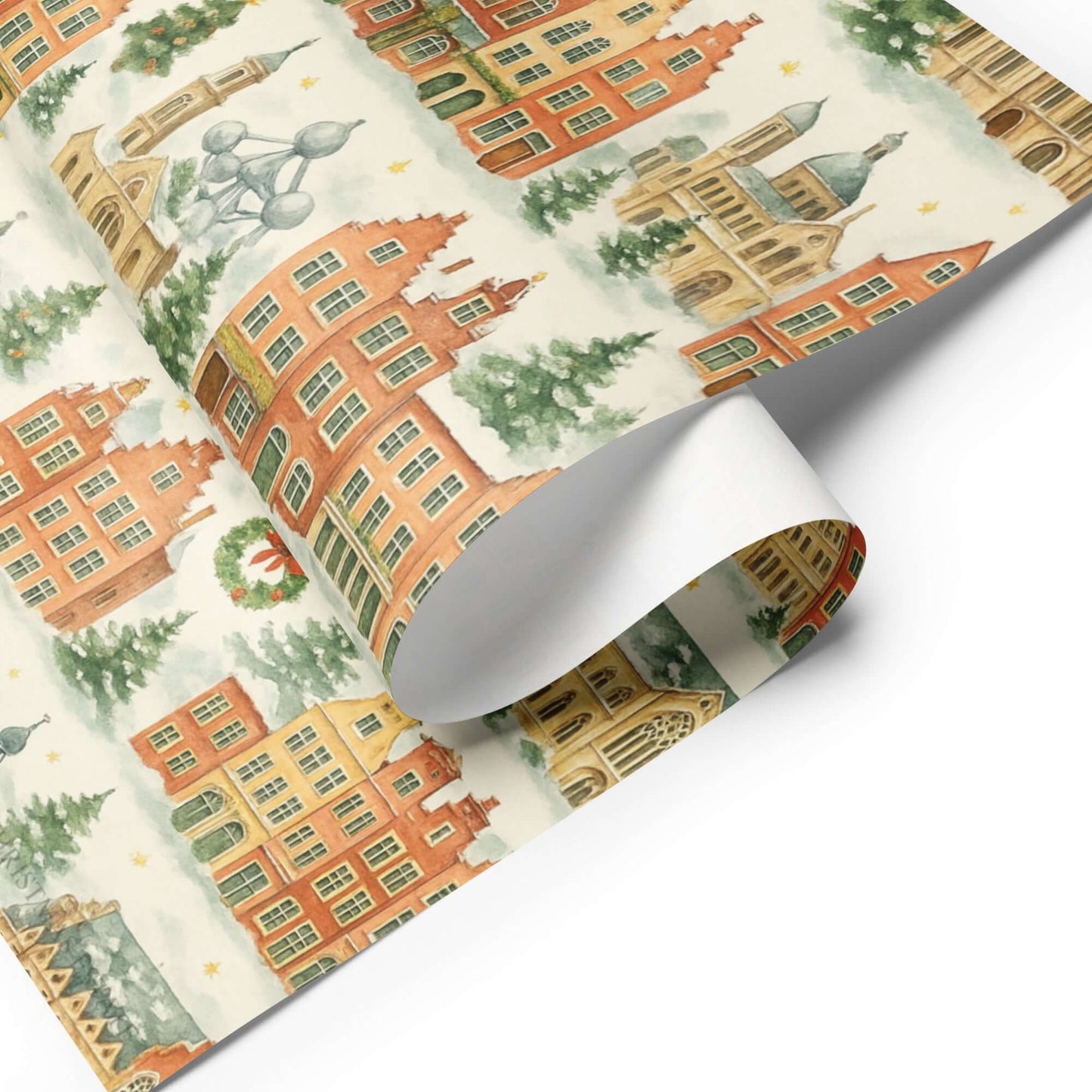 Luxury Belgium Christmas wrapping paper featuring watercolor historic buildings and snowy trees.