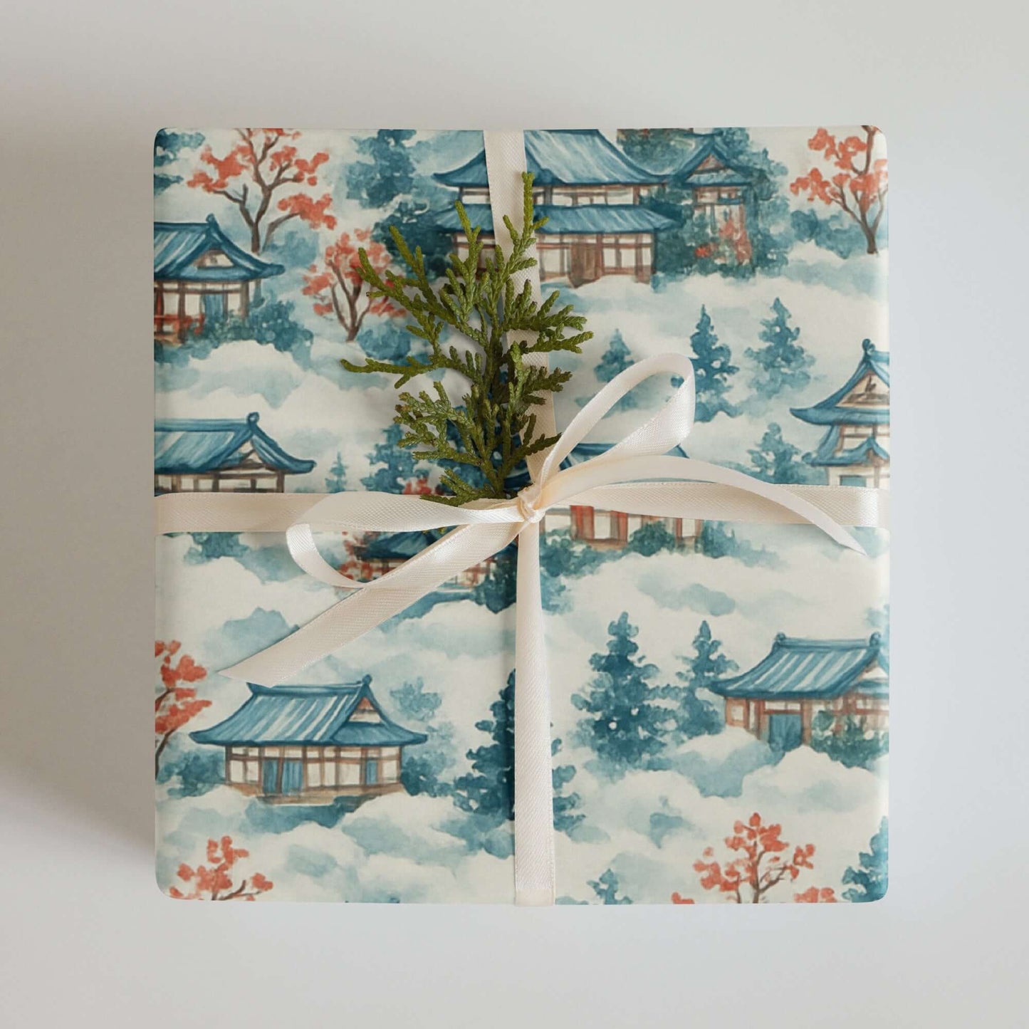 Luxury Christmas wrapping paper featuring watercolor Japanese landscapes, ideal for holiday gift wrap.