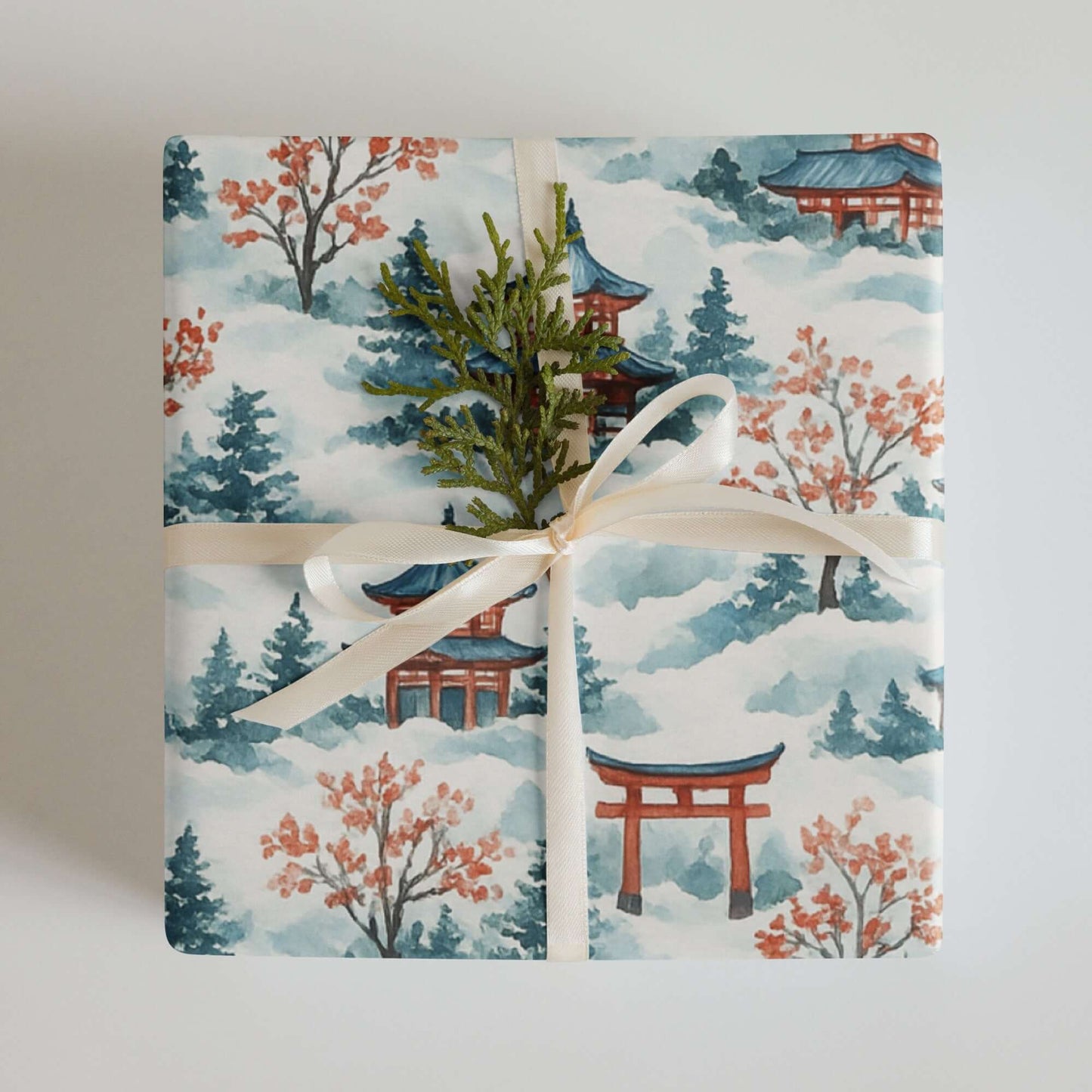 Luxury Christmas wrapping paper featuring a watercolor design of Japanese architecture and snowy landscapes.
