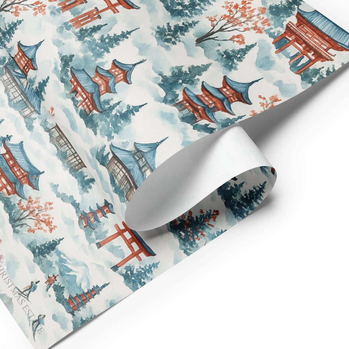 Watercolor design of Osaka Japan winter wrapping paper featuring pagodas and cherry blossoms.