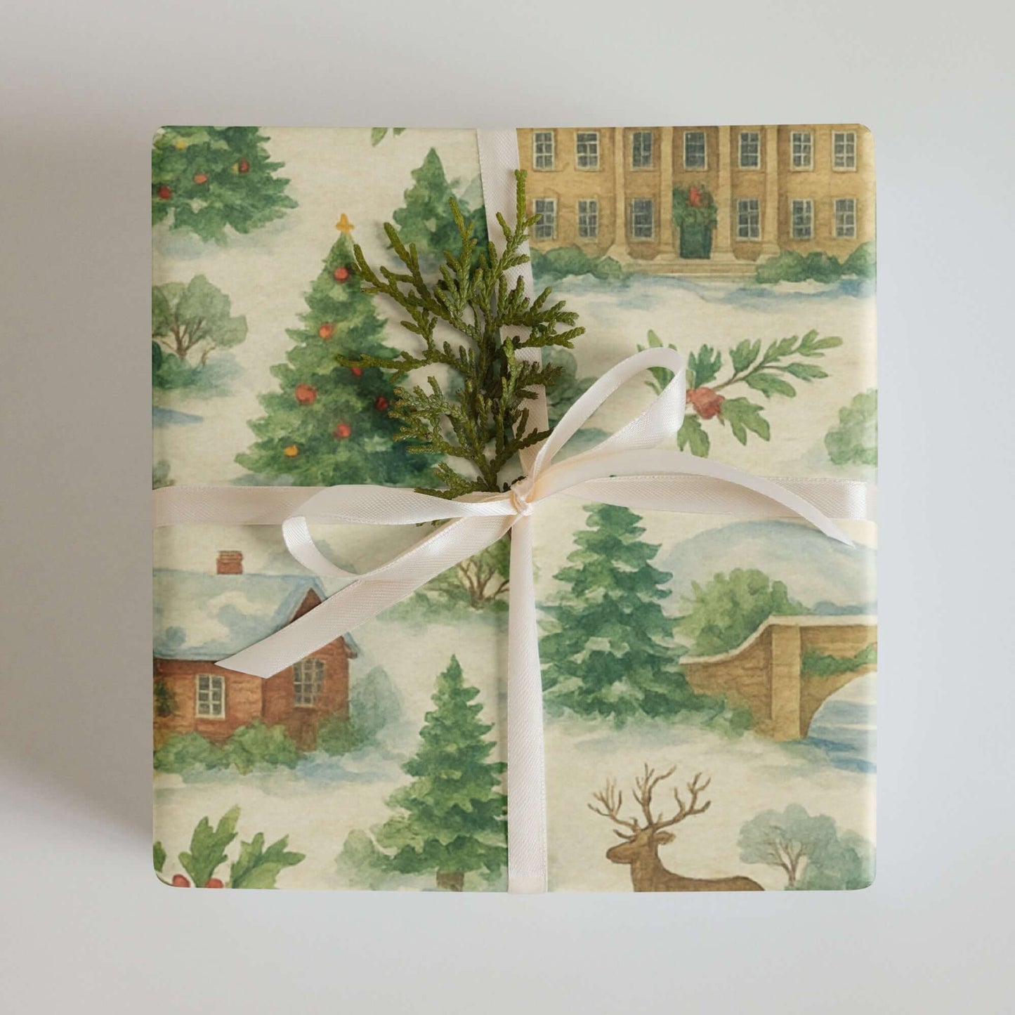 Luxury Christmas wrapping paper featuring watercolor design of cottages, evergreens, and festive flora, wrapped with white ribbon.
