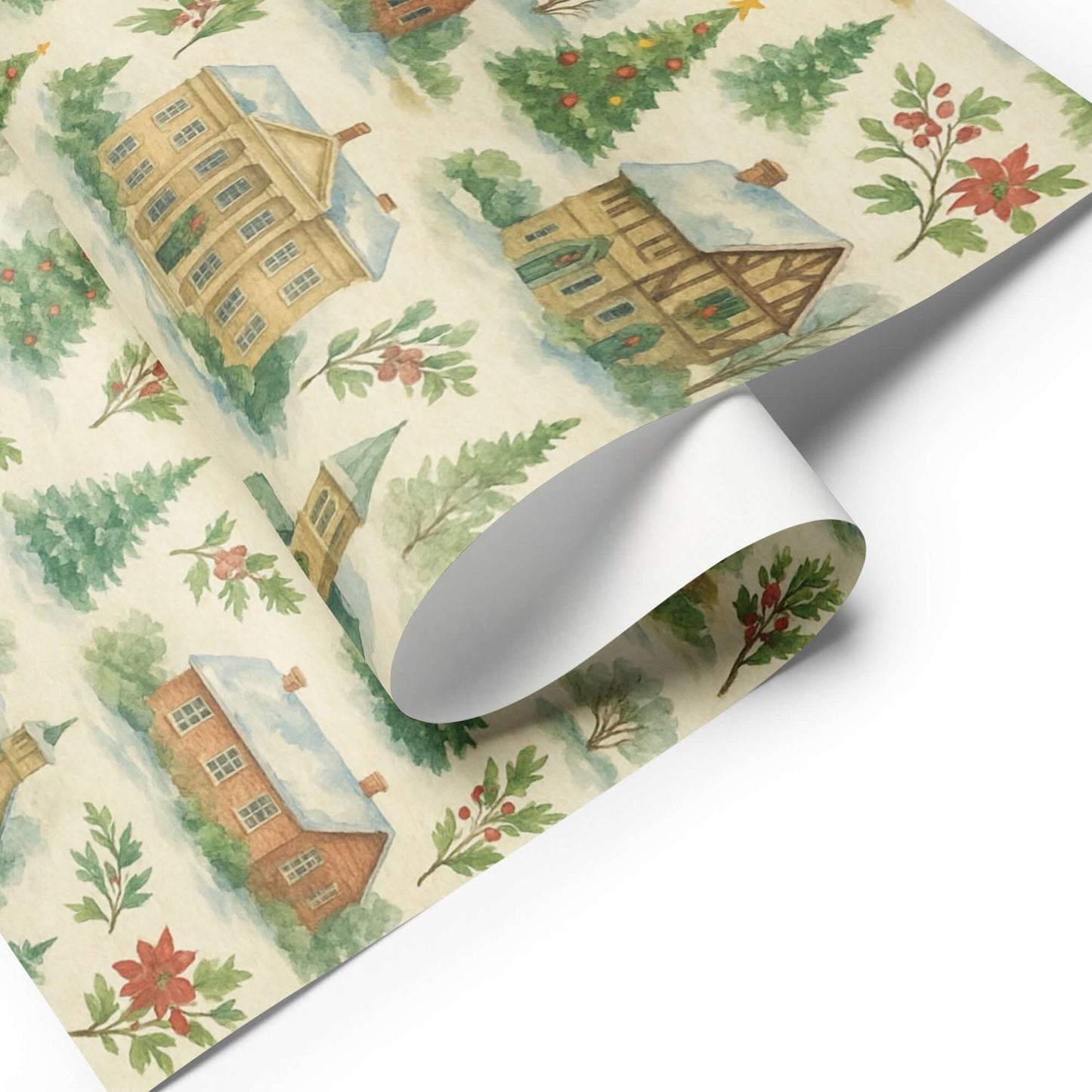 Luxury Christmas wrapping paper featuring watercolor cottages among evergreens and festive flora, perfect for holiday gifts.