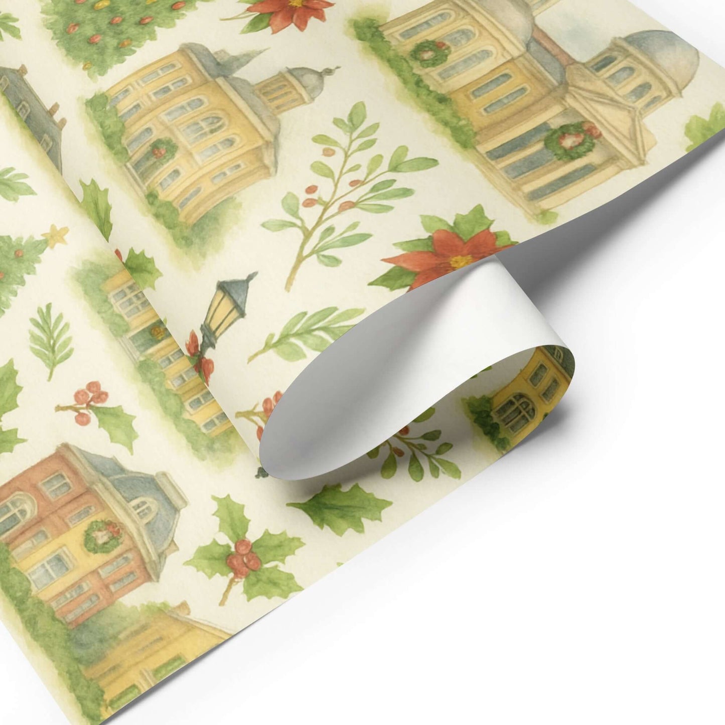 Luxury Victorian Christmas wrapping paper with watercolor townhouses, wreaths, and festive holly design.