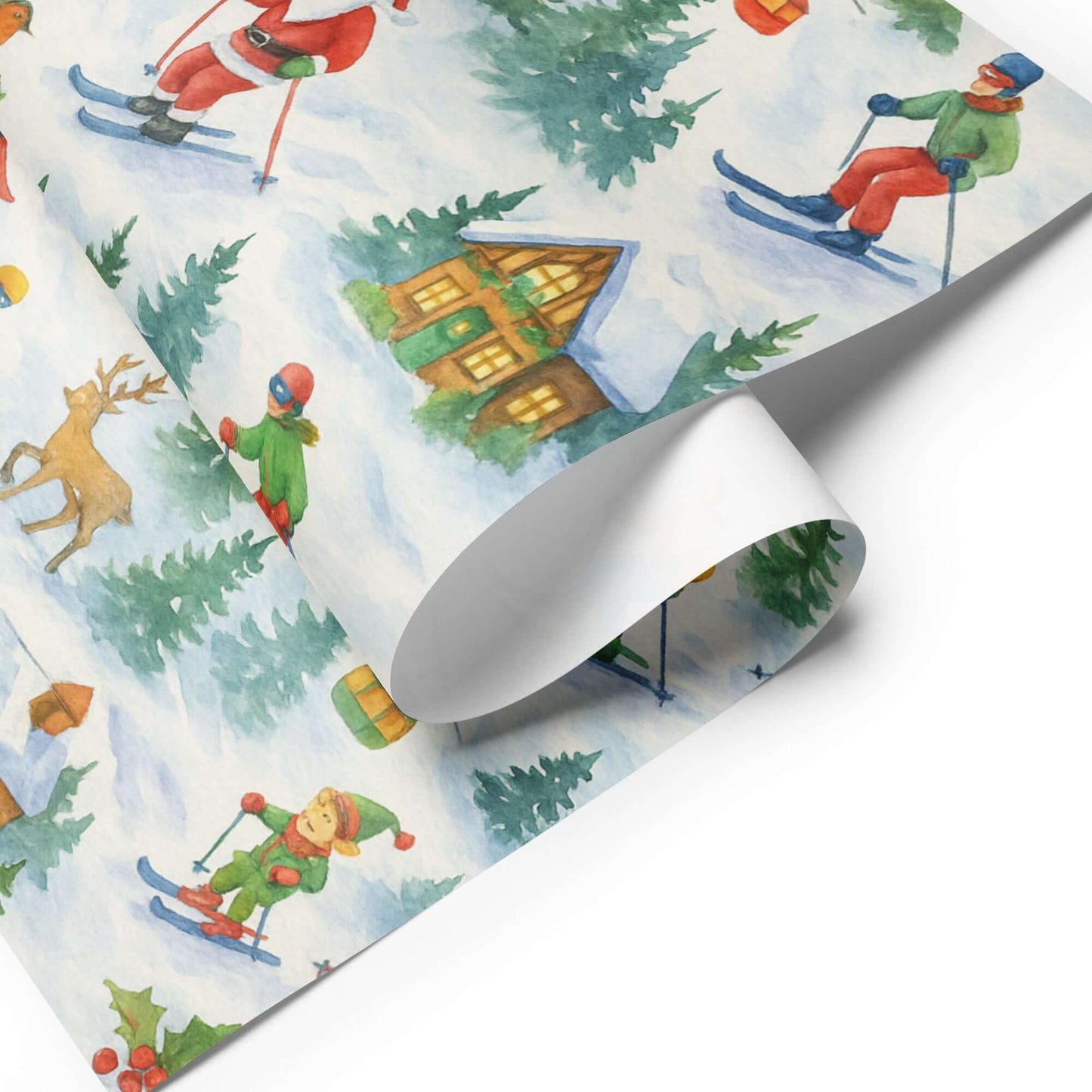 Luxury Christmas wrapping paper featuring playful skiers and holiday scenes in watercolor design, eco-friendly and made in USA.