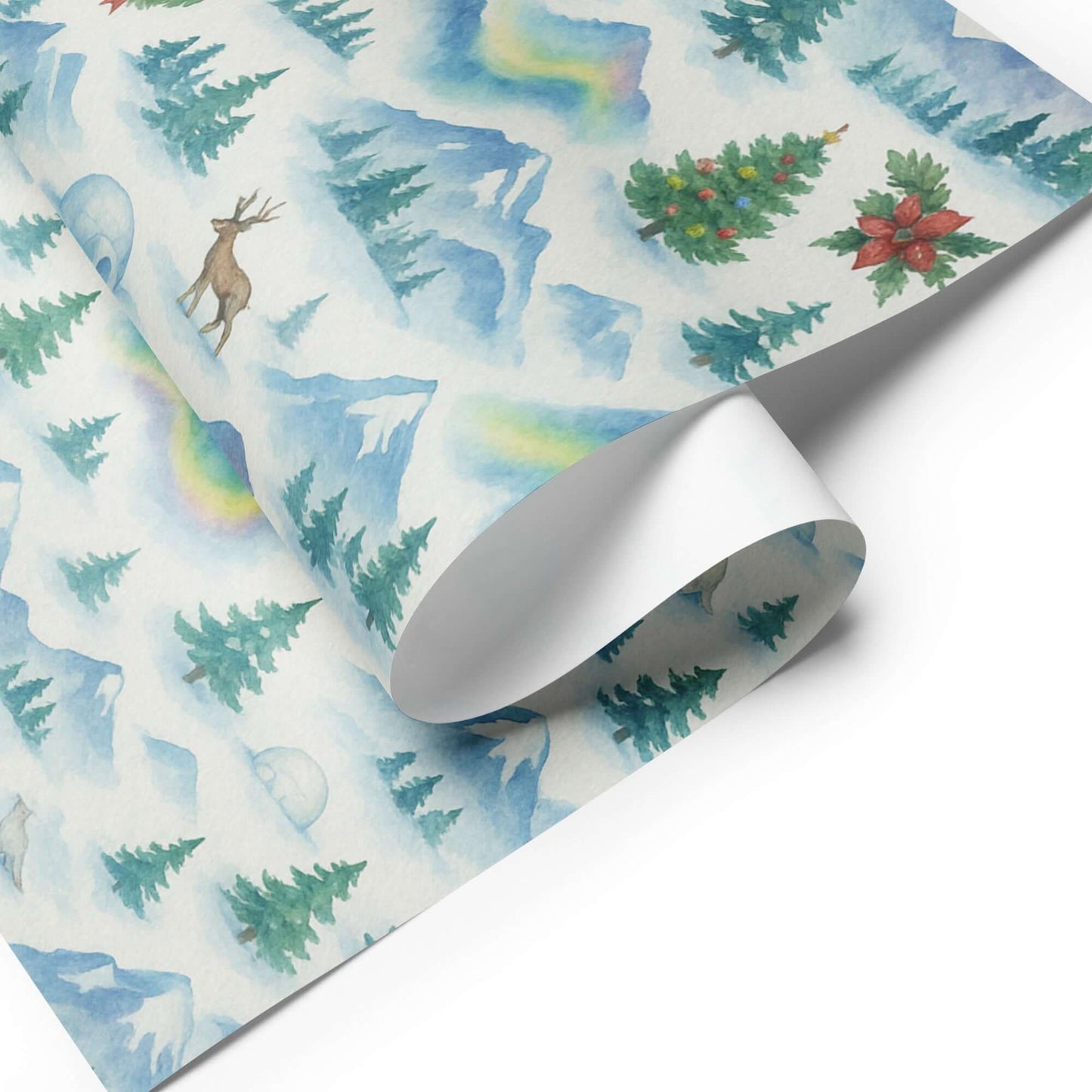 Vibrant Arctic-themed watercolor wrapping paper with reindeer, trees, and northern lights, perfect for luxury holiday gifts.
