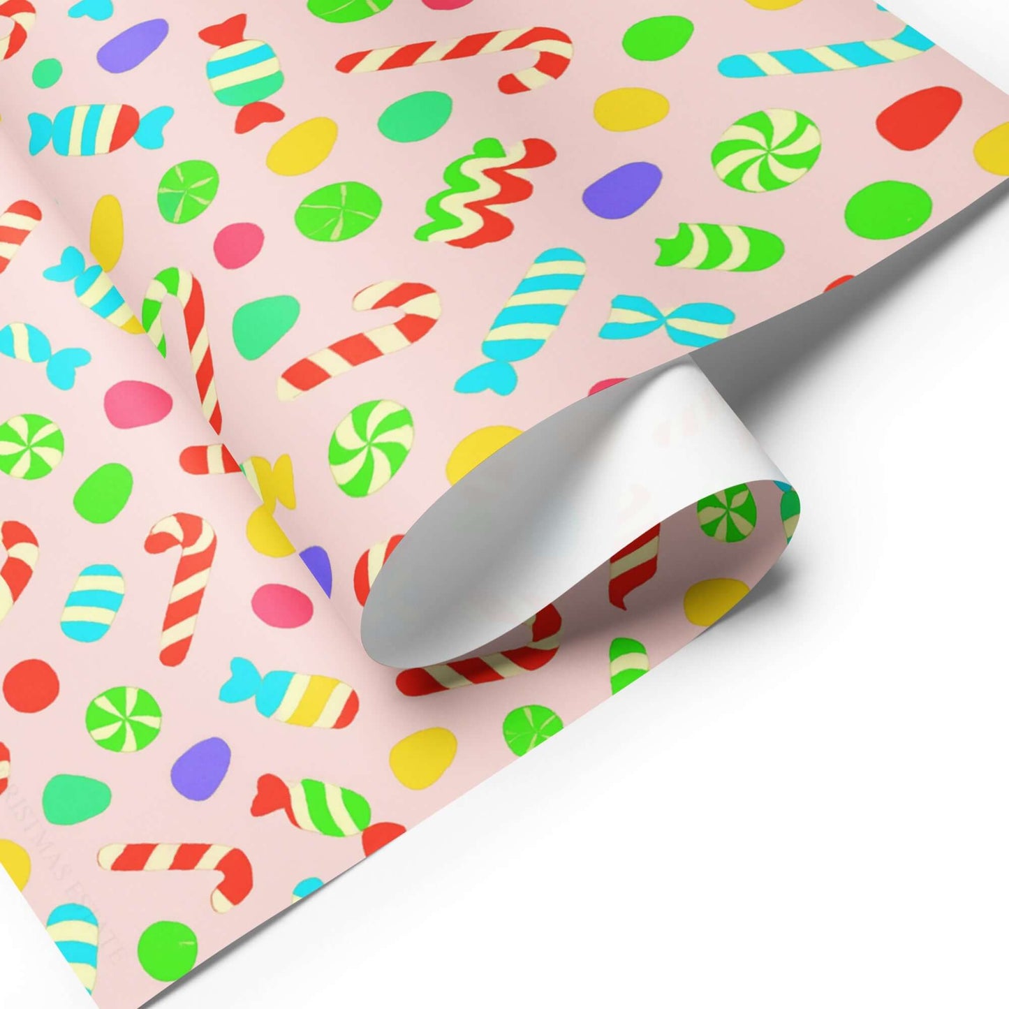 Luxury Christmas wrapping paper featuring whimsical candy design in vibrant colors, ideal for holiday gift wrap.