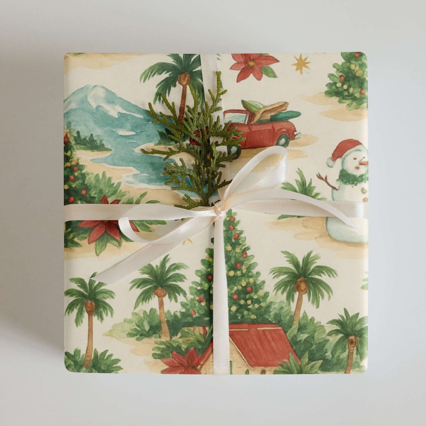 Luxury Christmas wrapping paper featuring tropical scenes, palm trees, and whimsical snowman design.