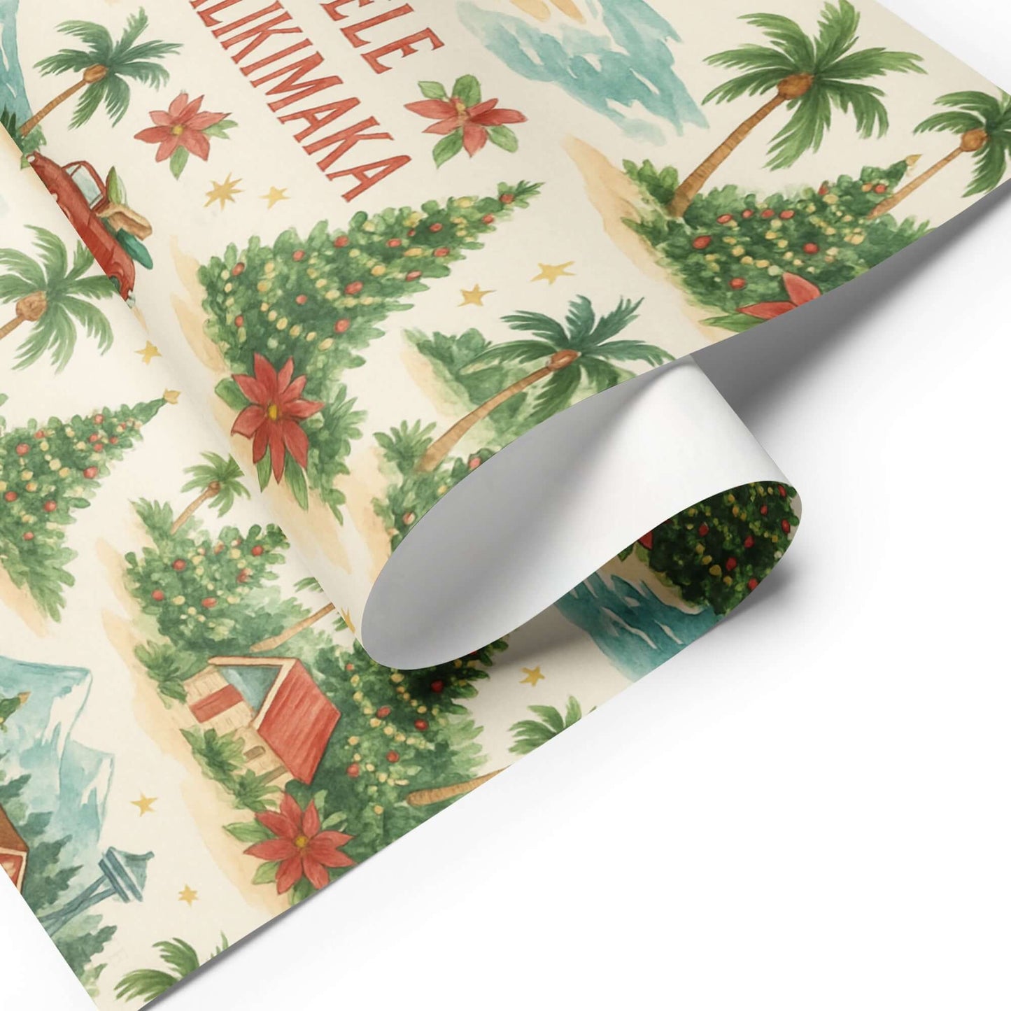 Luxurious Mele Kalikimaka Christmas wrapping paper featuring tropical trees, poinsettias, and watercolor design.