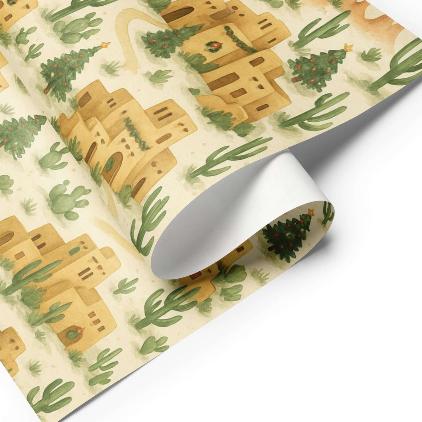 Adobe pueblo Christmas wrapping paper with watercolor design featuring festive homes, cacti, and trees.