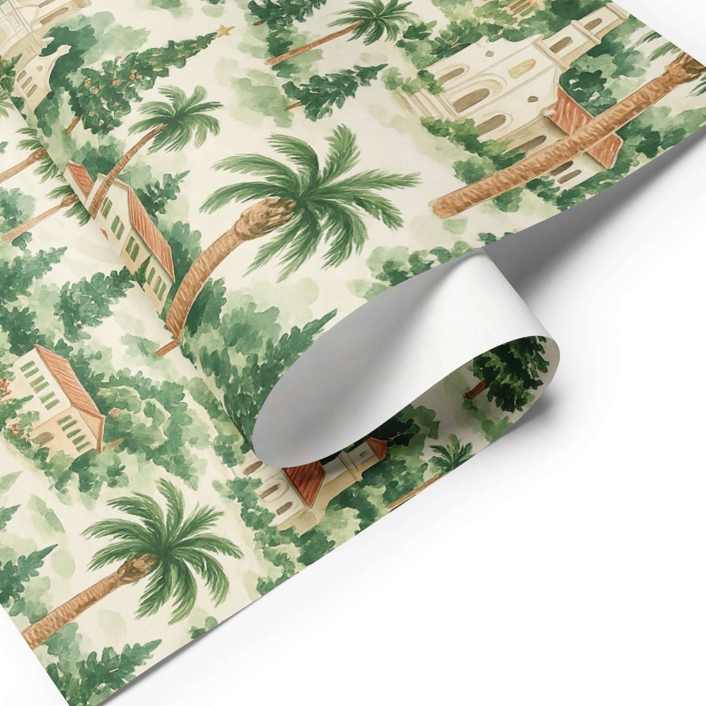 Luxury Christmas wrapping paper featuring hand-painted Mediterranean homes and palm trees in vibrant watercolor design.
