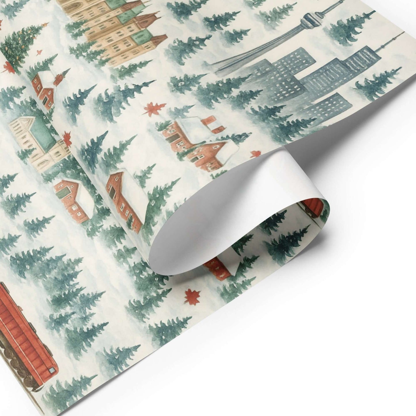 Watercolor design luxury Christmas wrapping paper featuring Canadian landmarks and cozy winter scenes.