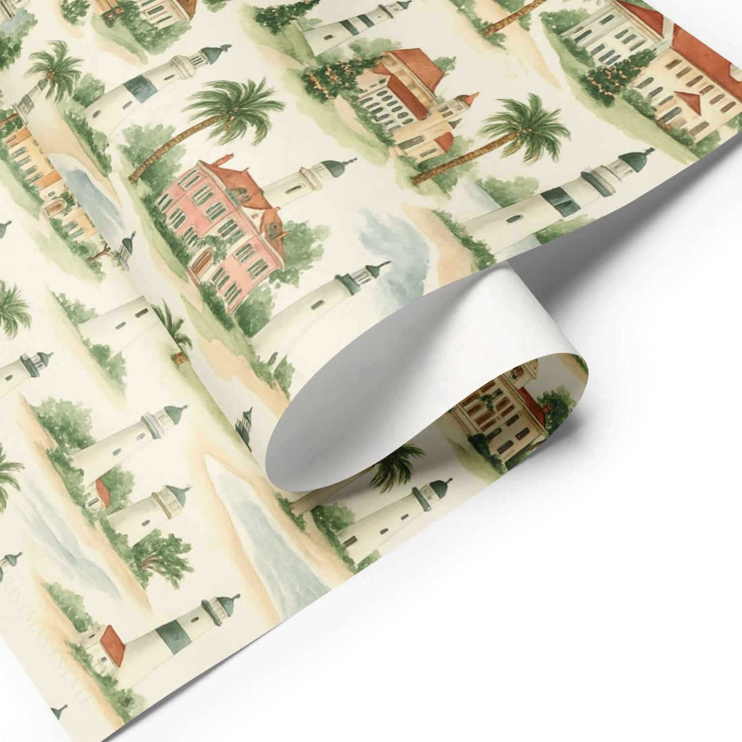 Luxury Christmas wrapping paper featuring watercolor coastal homes and lighthouses with palm trees on ivory background.