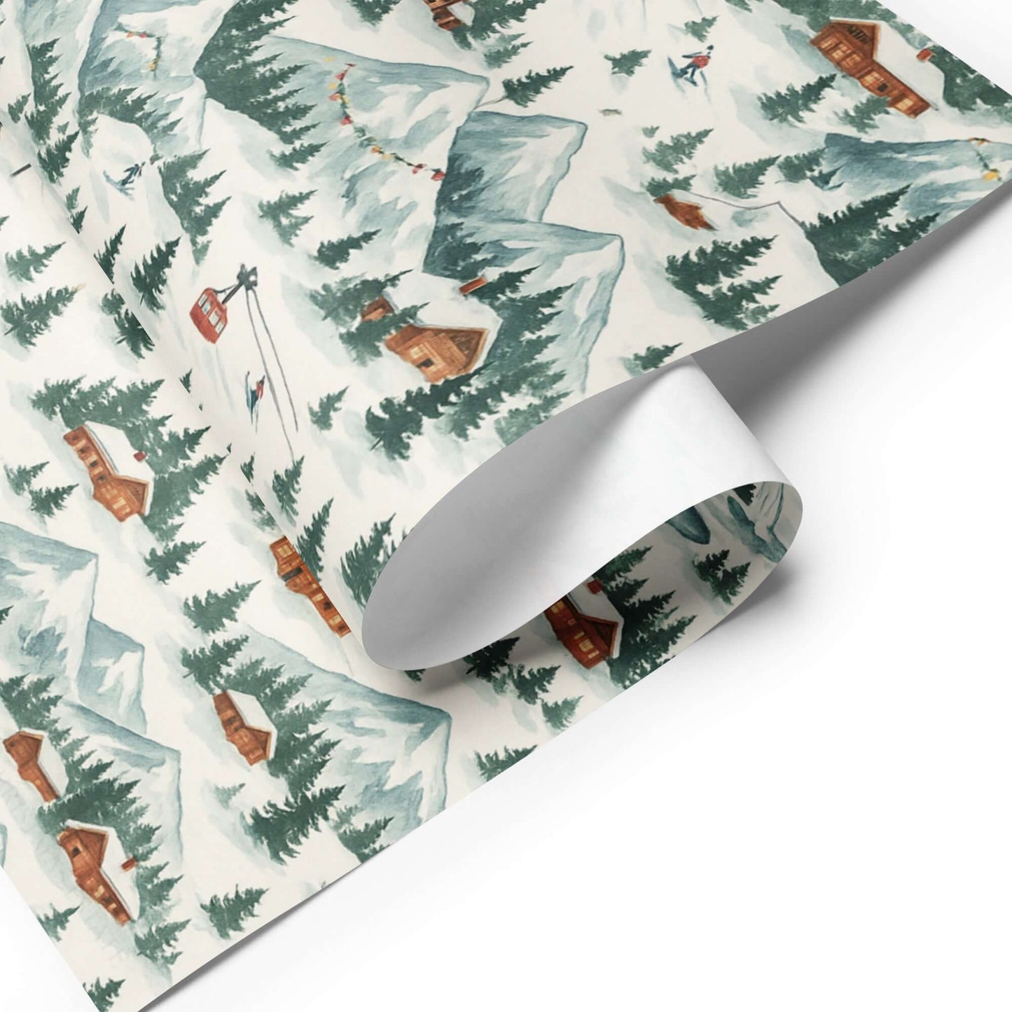Luxury Christmas wrapping paper featuring hand-painted watercolor design of snowy mountains, cabins, gondolas, and evergreens.