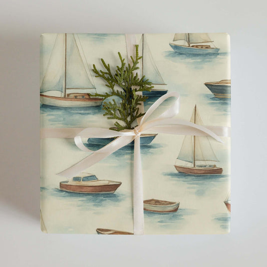 Boats Wrapping Paper featuring hand-painted watercolor sailboats and yachts for gift wrapping.