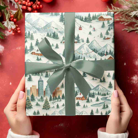 Holiday gift wrap featuring Swiss Alps landscape with hand-painted details and a matte finish.