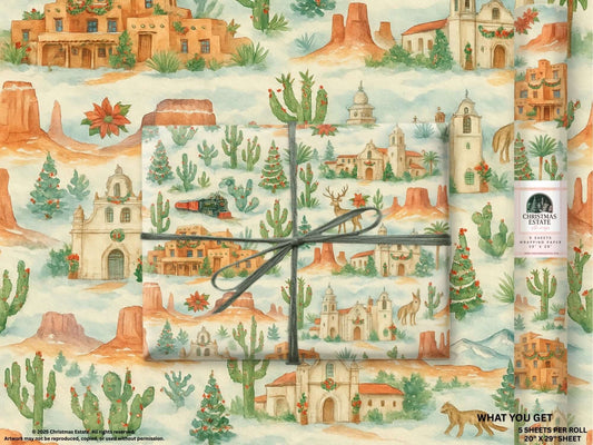 Luxury Christmas wrapping paper featuring watercolor scenes of Southwest USA landscapes and festive holiday decor.