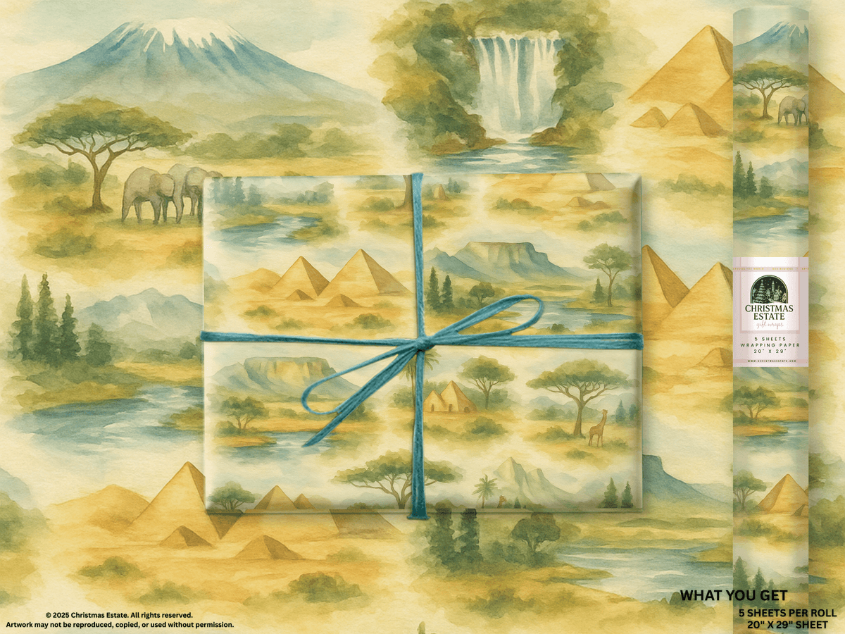 Africa Wrapping Paper featuring acacia trees, giraffes, mountains, and waterfalls in warm golden colors.