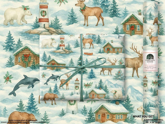 Alaska Christmas wrapping paper features watercolor wildlife and cabins in a winter scene, perfect for luxury holiday gift wrap.