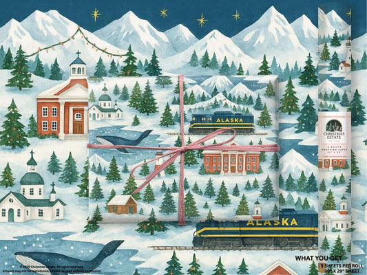 Alaska Train Christmas wrapping paper featuring watercolor winter scene with mountains, trees, and trains.