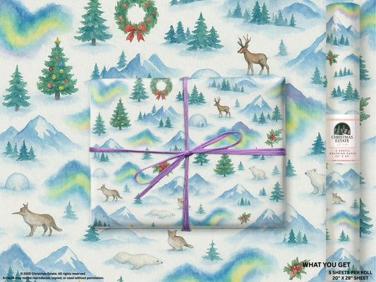 Luxury Christmas wrapping paper featuring arctic wildlife and vibrant watercolor mountains, perfect for holiday gift wrap.