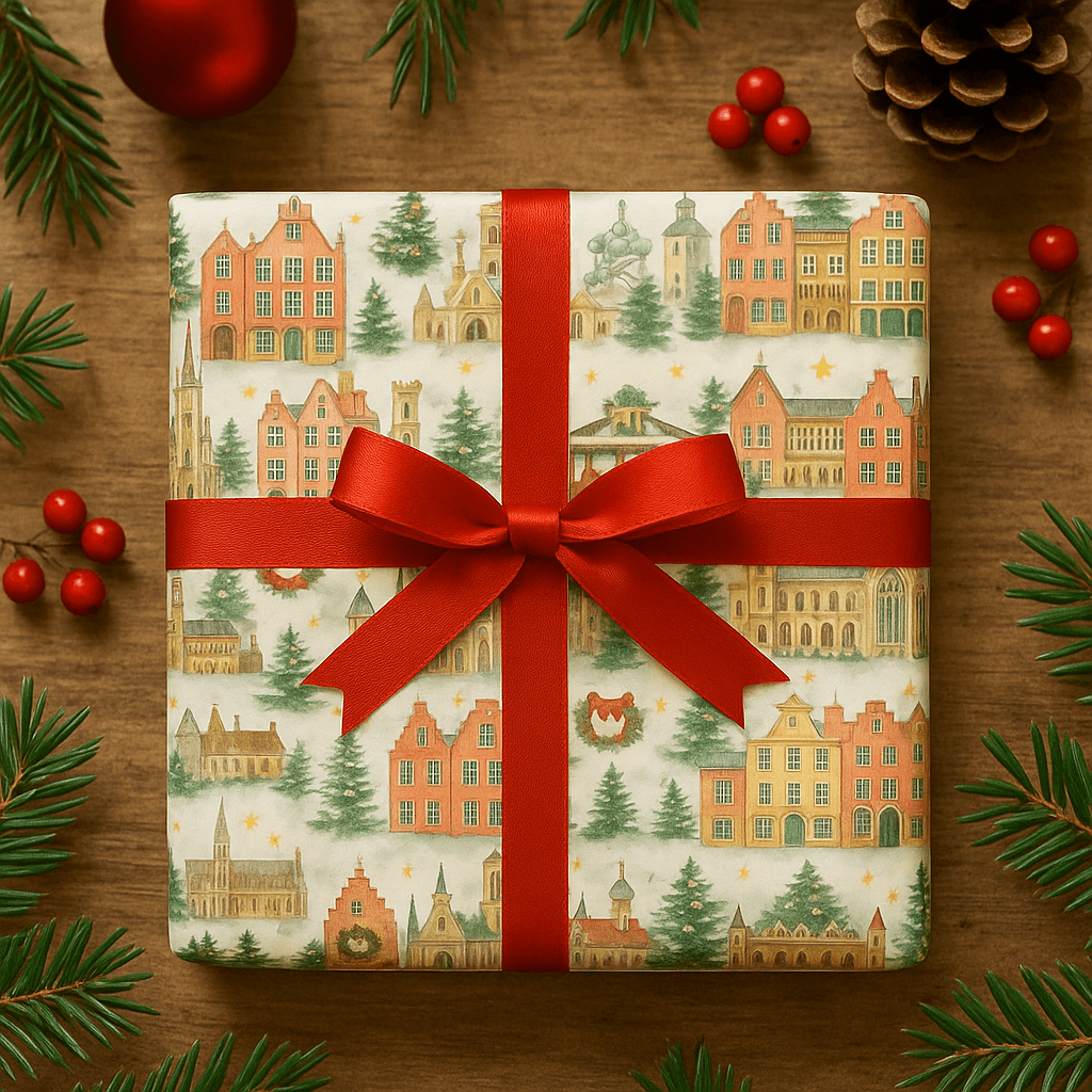Luxurious Belgium Christmas wrapping paper with watercolor design, featuring historic towns, adorned with a red ribbon.