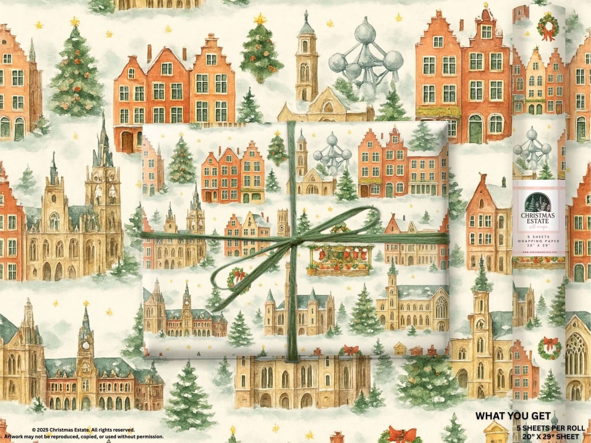 Luxury Belgium Christmas wrapping paper featuring watercolor architecture and festive greenery.