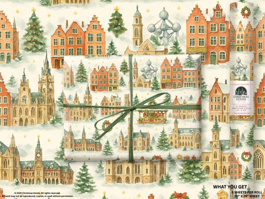 Luxury Belgium Christmas wrapping paper featuring watercolor architecture and festive greenery.