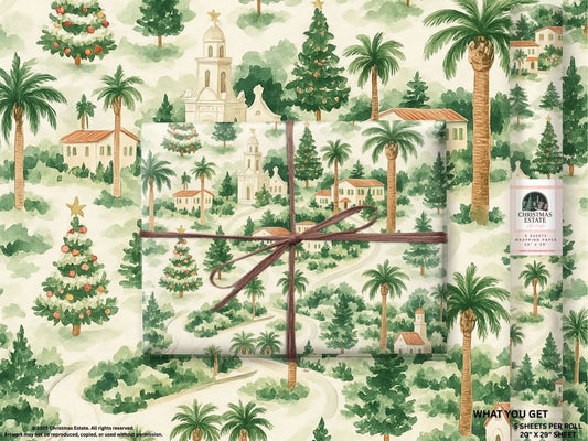 Luxury Christmas wrapping paper featuring watercolor Mediterranean homes and palm trees.