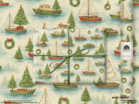 Boats Christmas Wrapping Paper featuring boats and Christmas trees in a colorful, festive design perfect for holiday gifts.