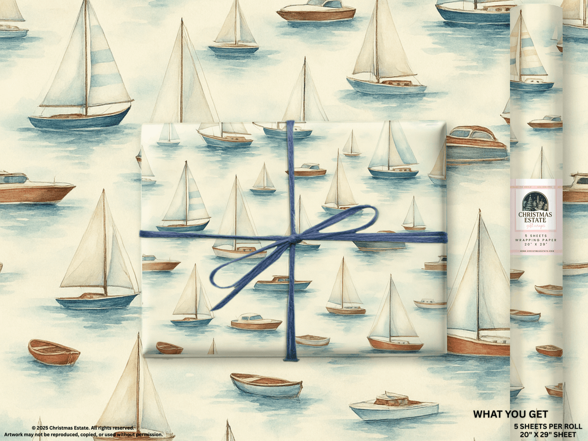 Boats Wrapping Paper with watercolor sailboats and gifts wrapped in gentle coastal design.