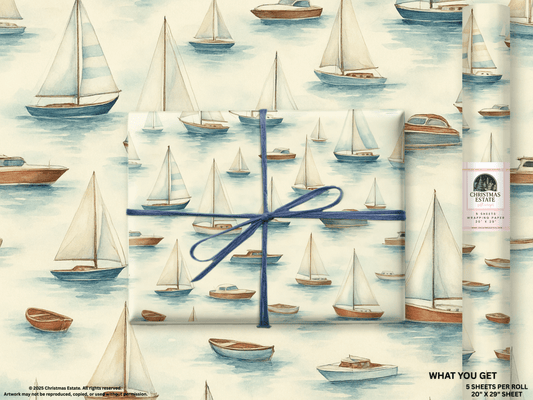 Boats Wrapping Paper with watercolor sailboats and gifts wrapped in gentle coastal design.