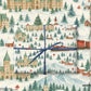 Luxury Christmas wrapping paper featuring a watercolor winter village scene with snow, pines, and trains.