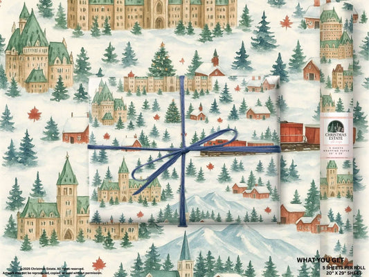 Luxury Christmas wrapping paper featuring a watercolor winter village scene with snow, pines, and trains.