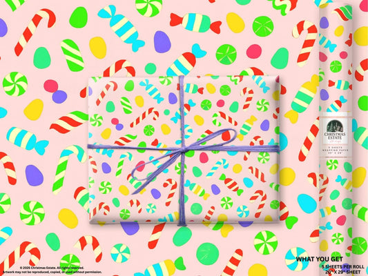 Luxury Christmas wrapping paper featuring colorful candy designs on a pink background, perfect for holiday gift wrap.