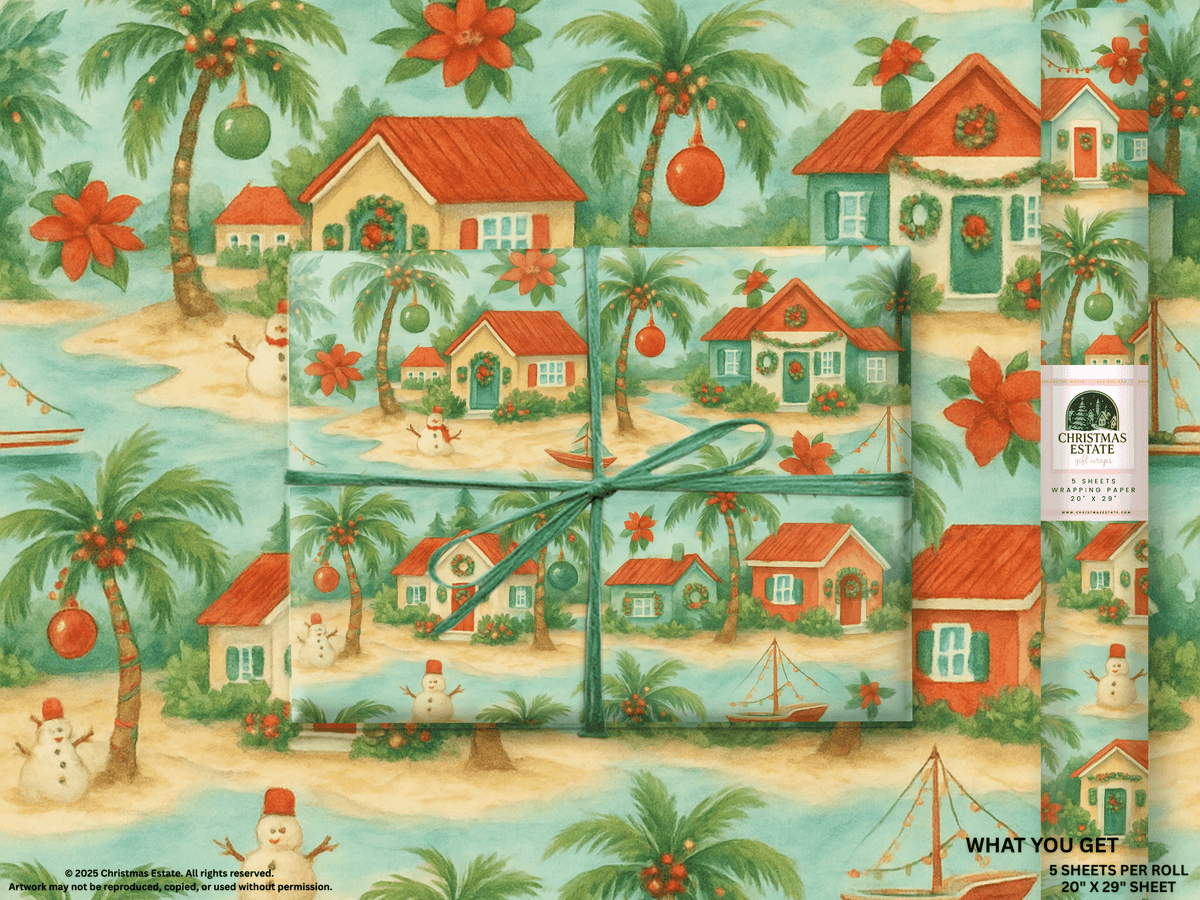 Colorful Caribbean Tropical Christmas Wrapping Paper featuring beach cottages, palm trees, and snowmen, perfect for holiday gifts.