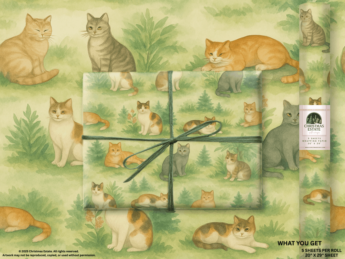 Cats Wrapping Paper featuring various cats lounging and playing among greenery in a warm watercolor design.