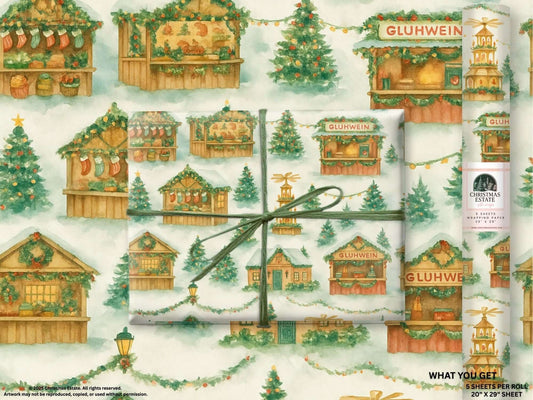Luxury Christmas wrapping paper featuring watercolor German market stalls and Glühwein stands on a snowy backdrop.