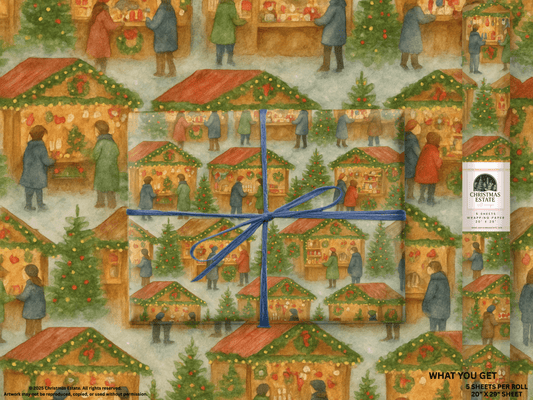 Christmas Market Wrapping Paper featuring festive market stalls, shoppers, and holiday decorations in a snowy village setting.