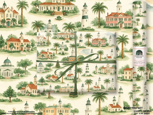 Watercolor coastal Christmas wrapping paper featuring lighthouses and palm trees, ideal for elegant holiday gift wrap.