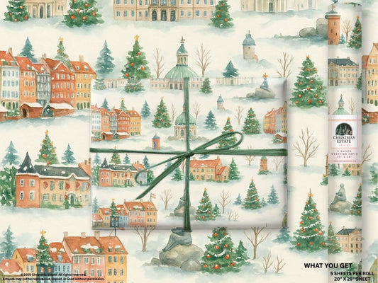 Watercolor Copenhagen Christmas wrapping paper featuring festive snowy streets, colorful houses, and decorated trees.