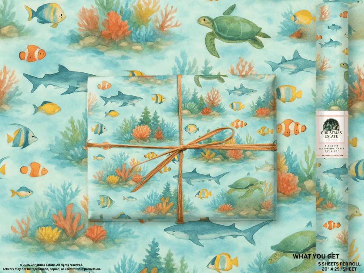 Vibrant Coral Reef Wrapping Paper featuring sea turtles, fish, and colorful coral on a soft blue background.