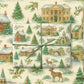 Painterly watercolor design of a snowy Dickensian Christmas village wrapping paper, showcasing festive cottages and wildlife.