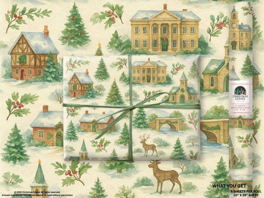 Painterly watercolor design of a snowy Dickensian Christmas village wrapping paper, showcasing festive cottages and wildlife.