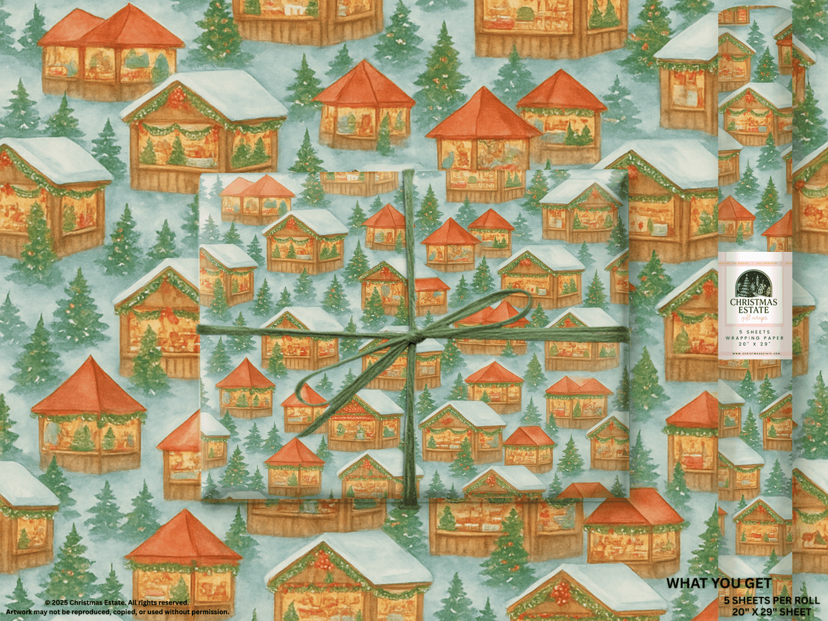 European Christmas Market Wrapping Paper featuring cozy wooden chalets, decorated trees, and festive garlands.