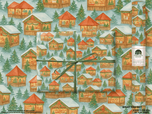 European Christmas Market Wrapping Paper featuring cozy wooden chalets, decorated trees, and festive garlands.