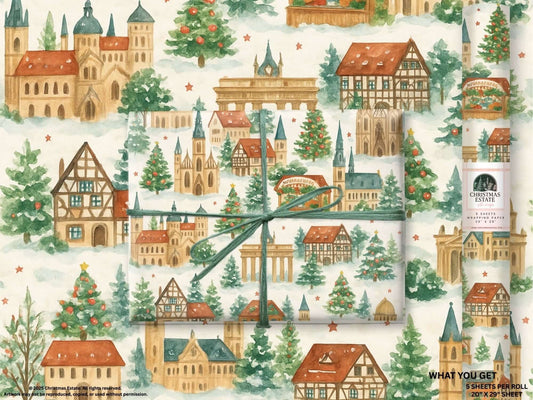 Luxury Christmas wrapping paper featuring watercolor design of German landmarks, decorated trees, and festive houses.