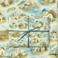 Greece Wrapping Paper featuring whitewashed houses, blue domes, and sailboats on a Mediterranean landscape.