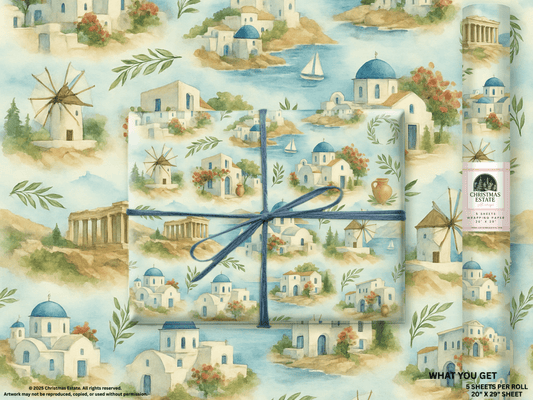 Greece Wrapping Paper featuring whitewashed houses, blue domes, and sailboats on a Mediterranean landscape.