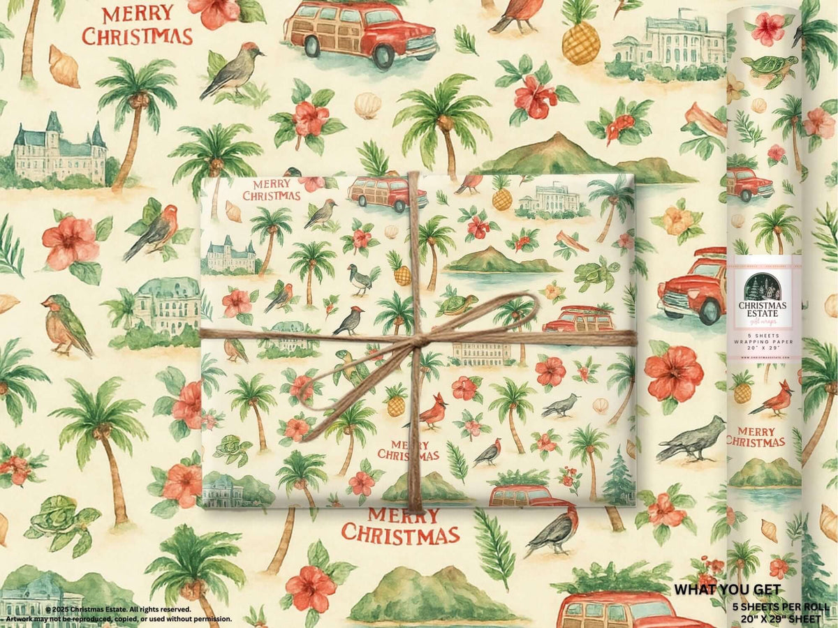Hawaii Christmas wrapping paper featuring tropical watercolor design with palm trees, hibiscus, and wildlife, perfect for luxury gift wrapping.