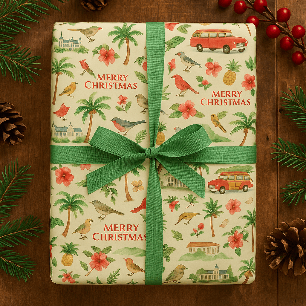 Hawaii Christmas wrapping paper in watercolor style with tropical flora, birds, and festive decor, eco-friendly gift wrap.